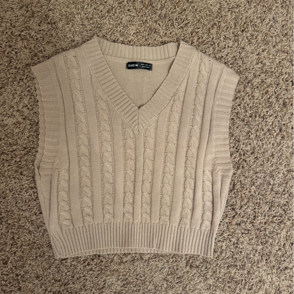 SHEIN Cream Cable Knit V-Neck Sweater Vest